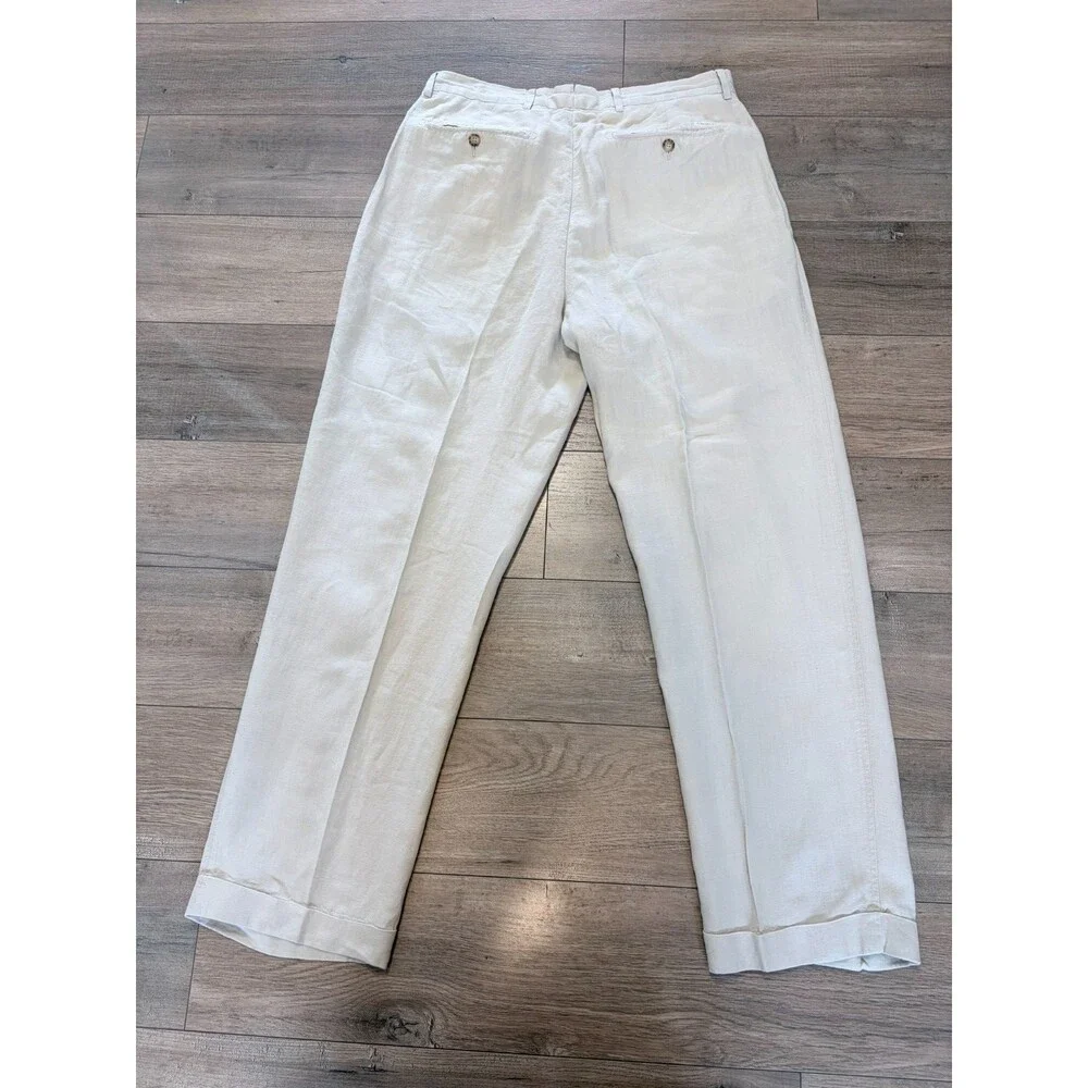 Daniel Cremieux Mens 34X32 100% Linen Beige Pleated Cuffed Beach Casual Pants